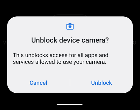Android dialog: Unblock device camera? This unblocks access for all apps and services allowed to use your camera.
